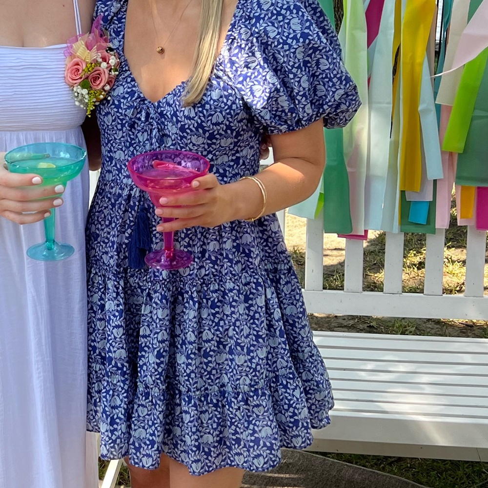 ZARA Navy Blue Floral Puff-Sleeve Mini Dress